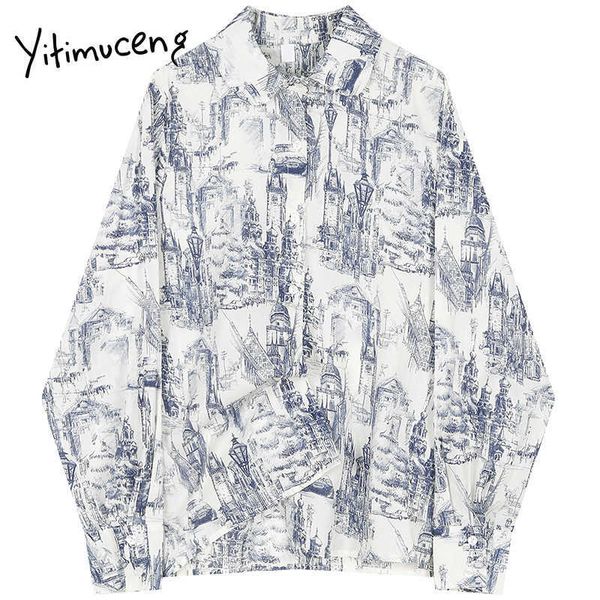 

yitimuceng print blouse women button vintage shirts loose spring fashion clothes turn-down collar single breasted 210601, White