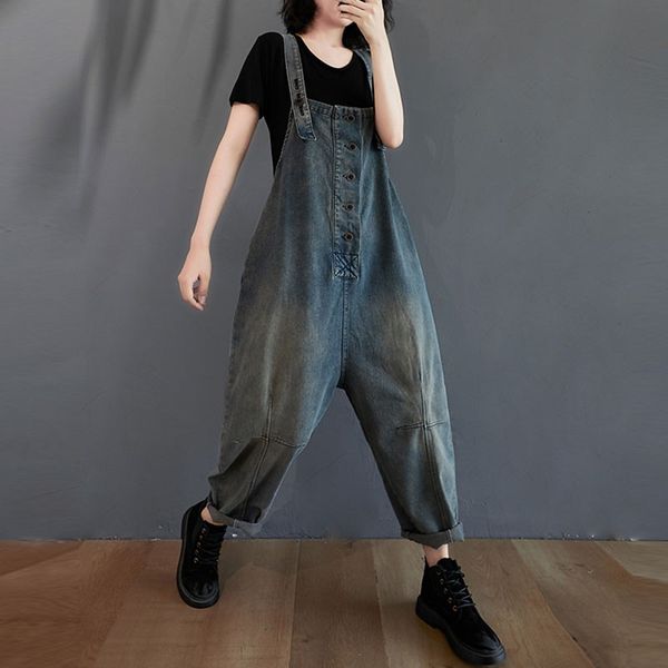 

women autumn vintage denim jumpsuits new arrival 2021 fashion simple style jeans overalls female loose casual rompers s1773, Black;white