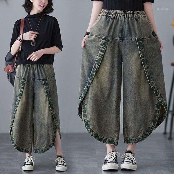

women's pants & capris retro oversize embroidery jeans women 2021 spring summer high waist slim loose denim wide leg split cropped trou, Black;white