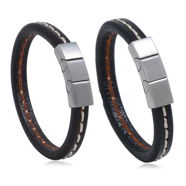 

tennis classic genuine leather bracelets with stainless steel clasp 22.5cm black/dark brown bangles wrist jewelry decorations, Golden;silver