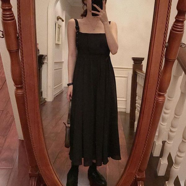 

2021 new fashion women maxi long dress elegant sukienki high waist spaghetti strap pleated vestidos ropa mujer party robe, Black;gray