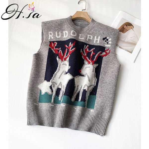 H.SA Frauen Pullover Weste Sleeveless Catroon Weihnachten Gestrickte Westen Oneck Rehe gedruckt Koreanisch 210417