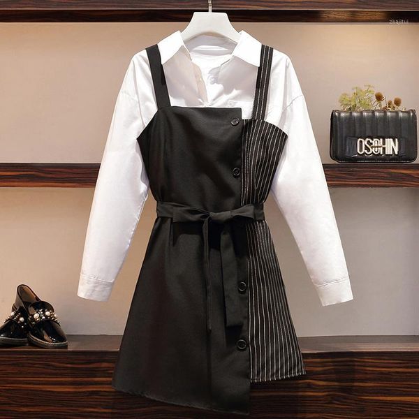 

two piece dress 5xl plus size women long sleeve cotton shirts and spaghetti striped patchwork office ladies dresses pieces, White
