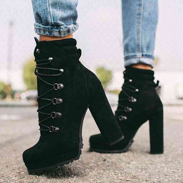 

dress shoes women's rivets ankle boots autumn winter woman flock thick high heel pumps ladies female platform footwear plus size d2aa, Black