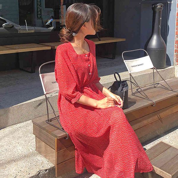

casual dresses dresses vintage square collar dot print women a-line short sleeve summer chiffon female dress red vestidos femme fgj1, Black;gray