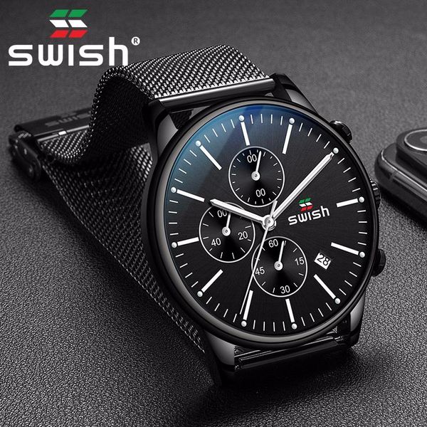 

wristwatches swish 2021 chronograph quartz watch men stainless steel fashion calendar military watches waterproof sports wristwatch montre, Slivery;brown