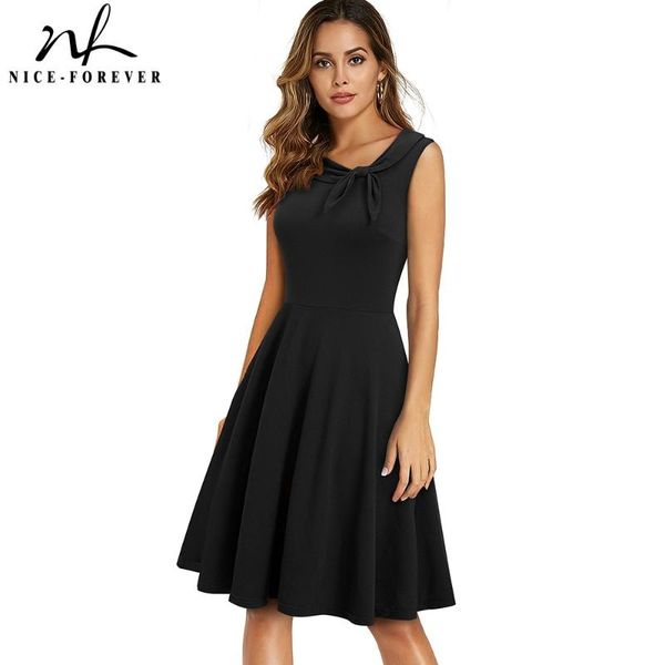 

casual dresses nice-forever summer women solid color with bow elegant sleeveless party retro flare swing dress a275, Black;gray