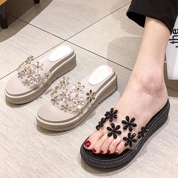 

two style crystal flower clear wedges sandals women slippers muffin shoes sandalias elastic band transparent sandales 2021, Black