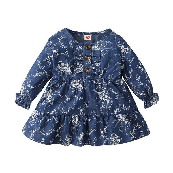 

girl's dresses 3-24m infants baby girls toddler clothing denim outfit ruffled princess dress bow puff sleeve dark blue mini fall spring, Red;yellow