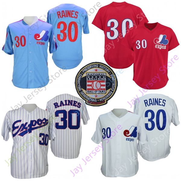 

montreal expos jersey 30 tim raines blue red mesh white pinstripe hall of fame patch size s-3xl, Blue;black