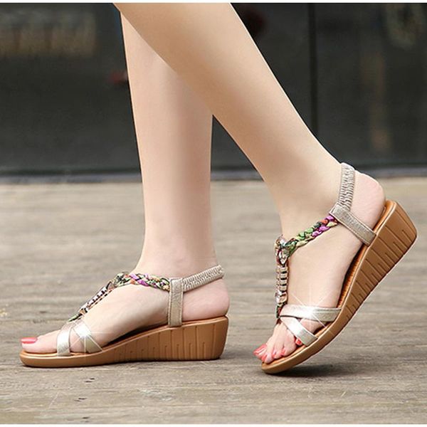 

women's sandals summer bohemia thick platform wedge shoes crystal gladiator rome woman beach casual elastic band female dress, Black