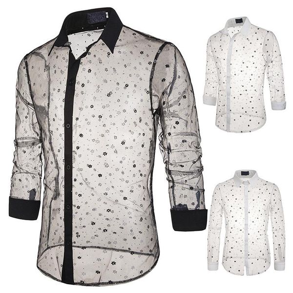 

men's casual shirts stage style lace transparent design costume snowflake printed long sleeve slim fit shirt men cardigan, White;black