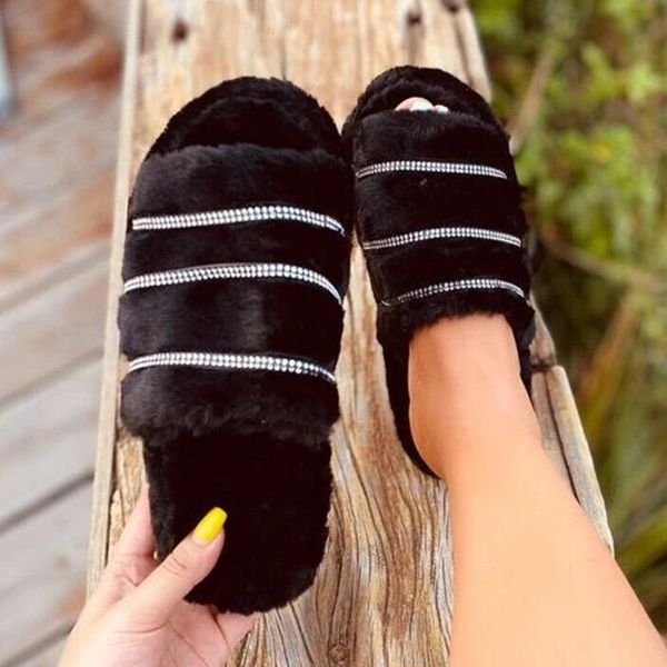 

women's winter fluffy slippers faux fur warm slipper soft comfort ladies flat shoes woman female shoe 2021, Black