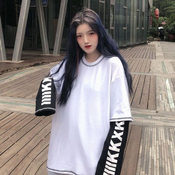 

women's t-shirt female 2021 autumn korean personalized street harajuku bf loose two piece long sleeve student plus fashion, White