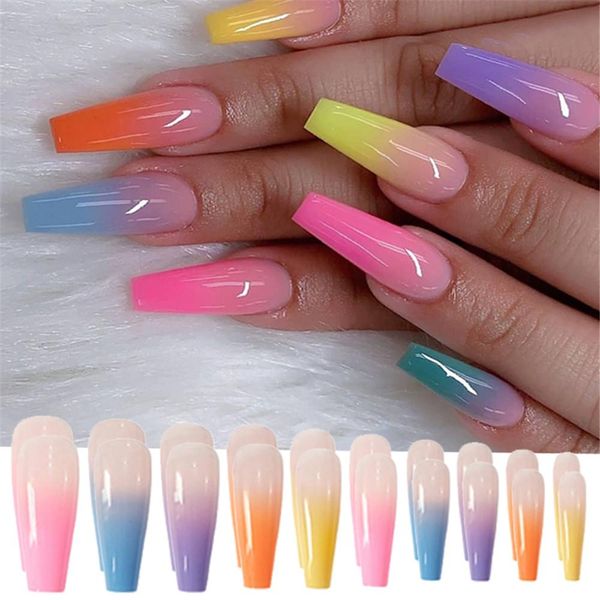 

24pcs/set reusable false nail tips full cover rainbow gradient tip with designs press on nails art fake extension mj39, Red;gold