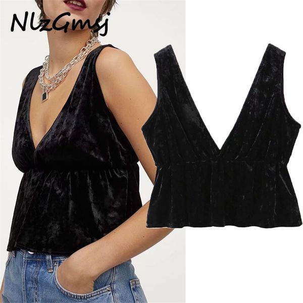 

vest women spring summer black velvet tank deep v neck sleeveless backless female ruffles 210628, White