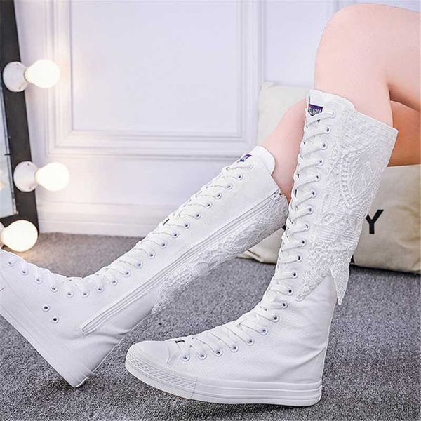 

women knee high breathable lace flower side canvas shoes flat heel ladies big size boots frenulum female casual footwear, Black