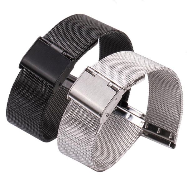 

watch bands hengrc 16 18 20 22 24mm band strap stainless steel women watchbands silver black metal bracelet double clasp accessories, Black;brown
