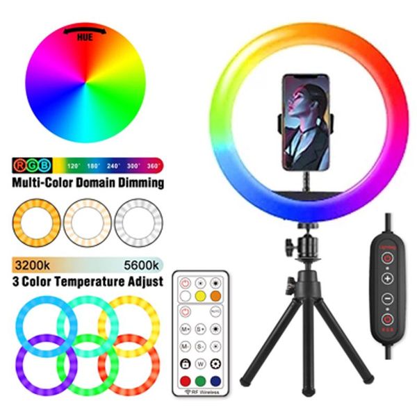 

flash heads rgb round ring light led pography dimmable selfie lamp for youtobe tiktok phone video live stand with remote control tripod