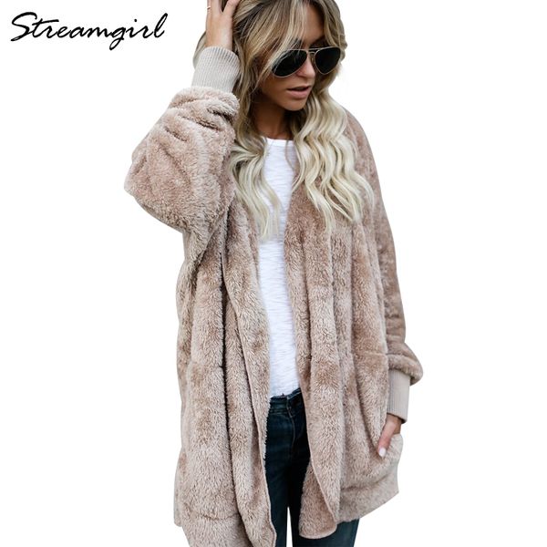 

jacket fur women plus size womens fur coat hooded fluffy autumn winter warm outerwear jacket with fur for women solid jackets 210421, White