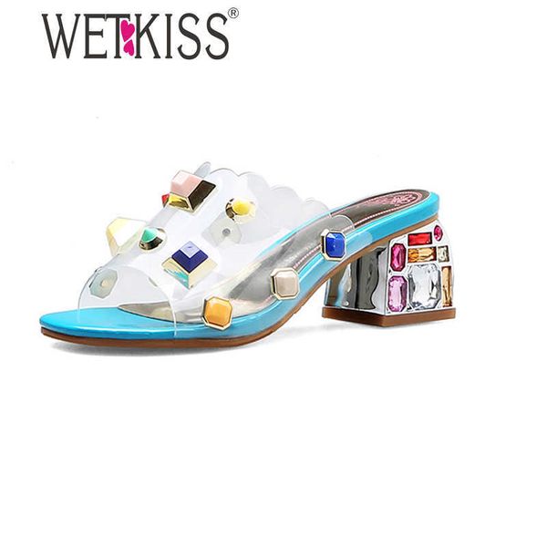 

wetkiss women's slippers colorful rivet slides female crystal heel shoes woman mules thick heels summer sandal ladies slippers 210630, Black