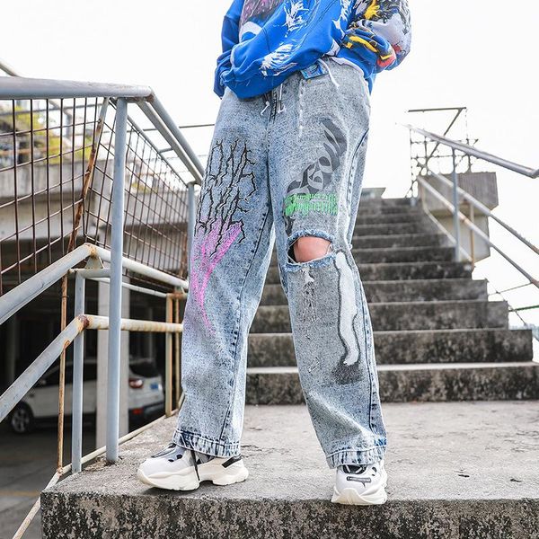 

spring denim wide-leg pants women loose thin waist graffiti printed straight tide brand women's jeans, Blue