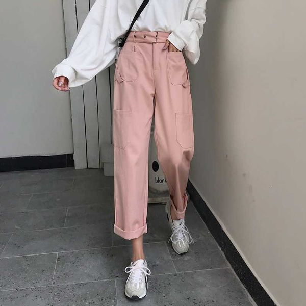 

spring pockets cargo pants harajuku wide leg long loose sweatpant hip hop belt metal buckle ankle length trousers 210531, Black;white