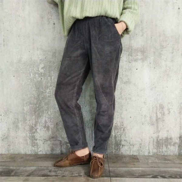 

johnature corduroy pants for women elastic waist solid color trouser spring women cloths pockets casual pants 211112, Black;white