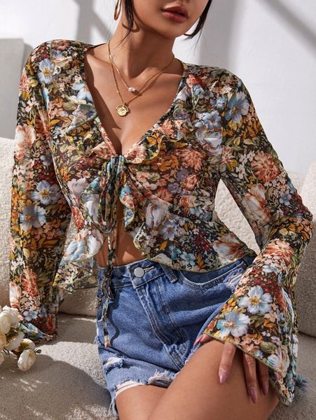 

allover floral print lace up ruffle crop v7sg#, White
