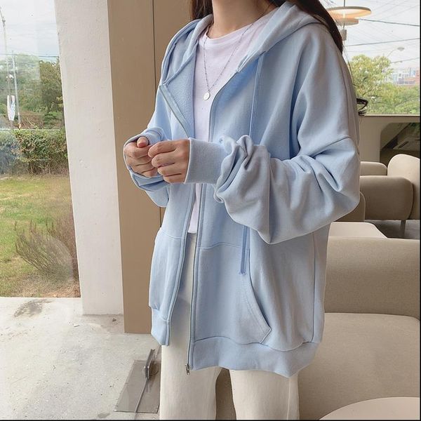 

womens hoodie casual cotton thin coat spring autumn fashion all match loose hoodies women student long sleeve zip up solid, Black