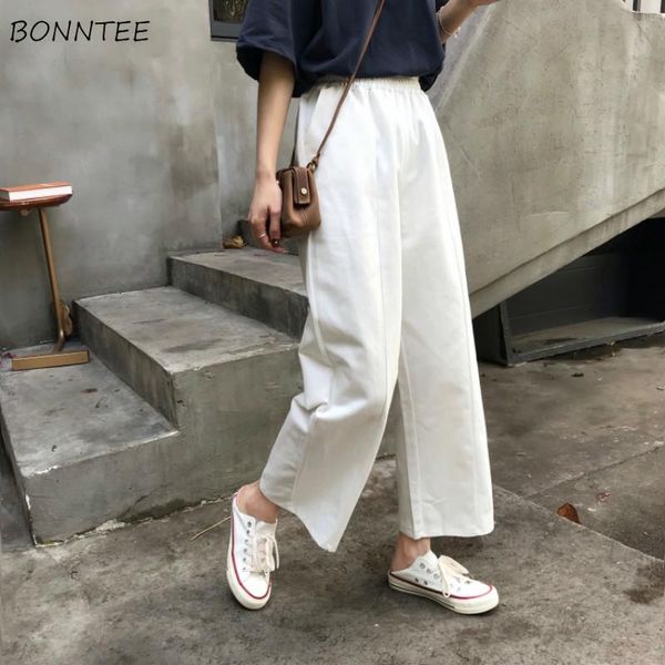 

women's pants & capris women ankle-length trousers all-match solid elastic waist pockets womens korean style elegant loose students dai, Black;white