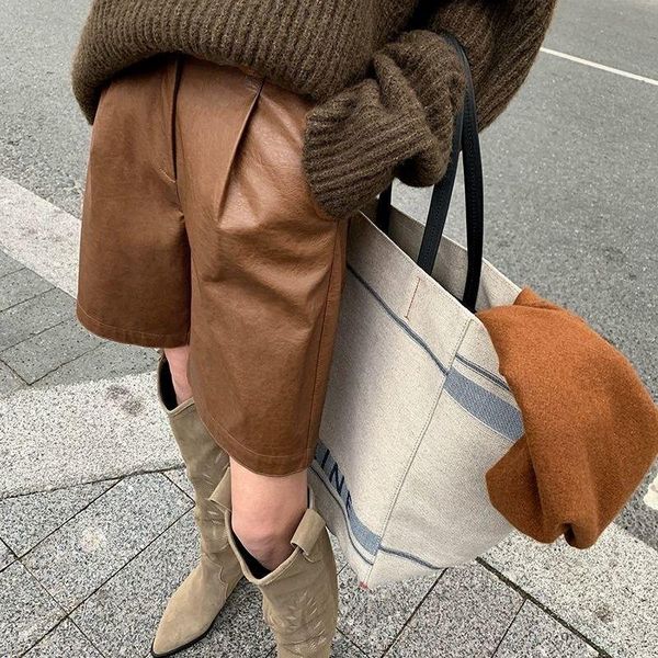 

women's shorts 2021 women autumn winter pu leather casual female high waist loose ladies solid color wide leg q852, White;black