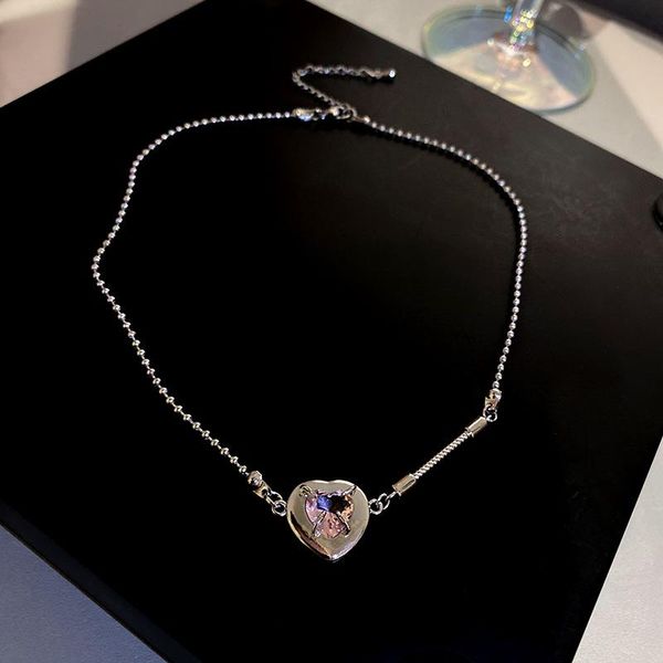 

pendant necklaces origin summer minimalist love heart rhinestone chokers necklace for women girls asymmetric round bead chain jewelry, Silver