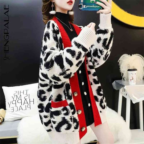 

autumn v neck button casual loose knit cardigan women long sleeve fashionable leopard sweater za5273 210427, White;black