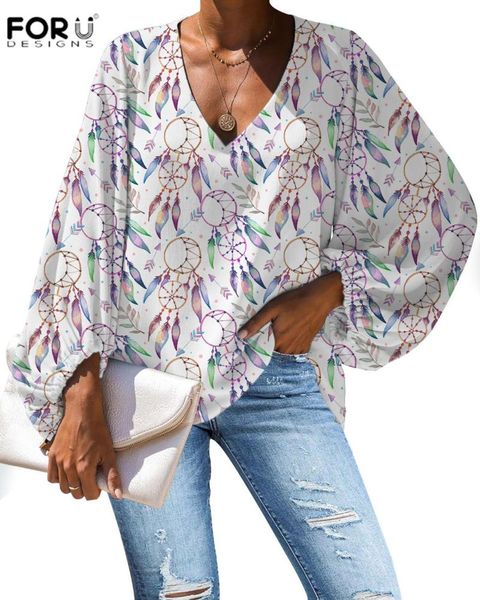 

women's blouses & shirts forudesigns large size women blouse hand drawn boho ornaments pattern casual loose long sleeve shirt v-neck f, White