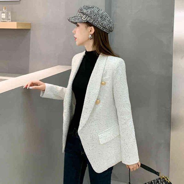 

jacket runway designer women's double breasted metal button long sleeve notched collar jacket wool blends tweed coat, Black;brown
