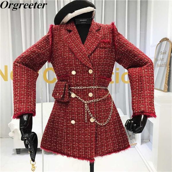 

gold thread plaid suit coat women notched double breasted feather tassel trim slim tweed jacket with belt bag 211104, Black