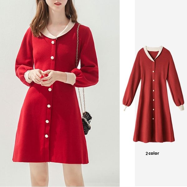 

casual dresses spring winter women fashion long sleeve cute sweet girls v neck single breasted button knitting sweater o2875 qxg1, Black;gray