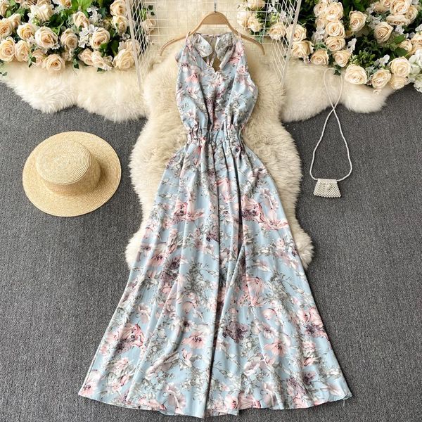 

women floral dress summer v neck sleeveless spaghetti strap dresse korean casual beach vacation print maxi dresses, Black;gray