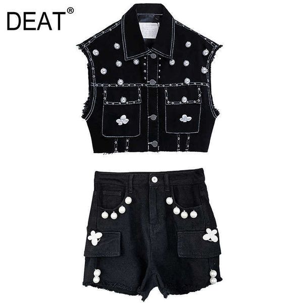 

[deat] summer fashion black turn-down collar sleeveless beading vest high waist shorts women two-piece suit 13q116 210527, White