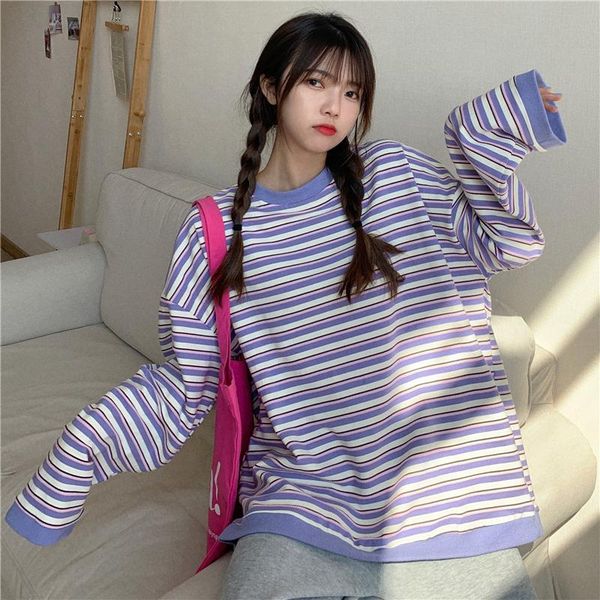 

autumn thin loose korean striped round neck college style women's sweatshirts harajuku ulzzang retro hoodies &, Black