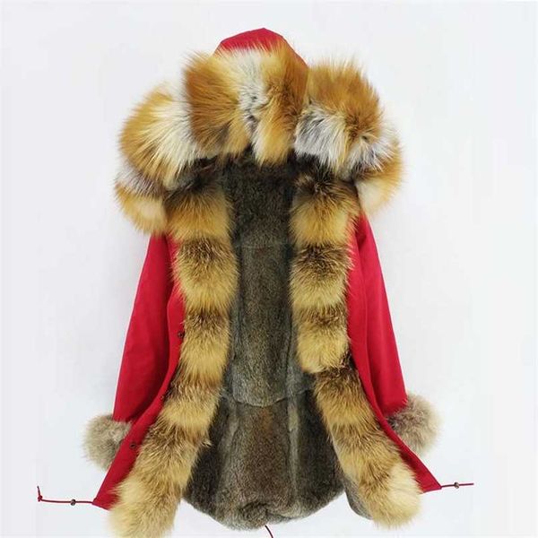 Мода женская настоящая меховая меховая подкладка кролика зимняя куртка Пальто натуральный воротник с капюшоном длинные Parkas Eartwear DHL 5-7 дней 211008