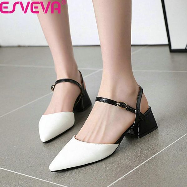 

square heel buckle sandals pu leather all match ladies shoes summer pointed toe slingback women pumps size 34-43, Black