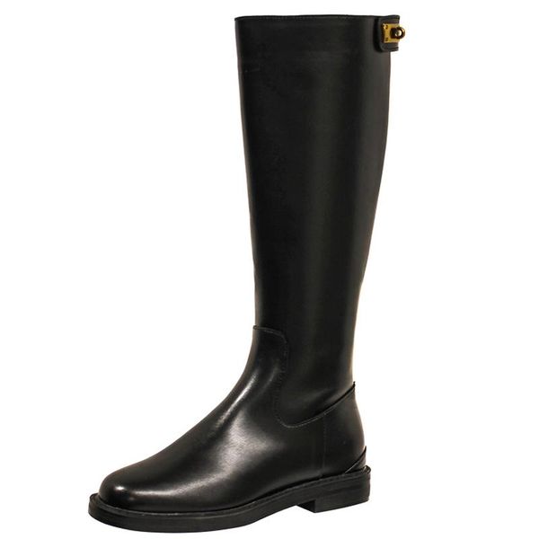 

boots 2021 women round toe knee high winter est genuine leather botas for female party basic thick heels riding, Black