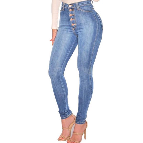 

women's jeans brand women's clothing single-breasted high waisted skinny pencil pants quality stretch slim female denim, Blue