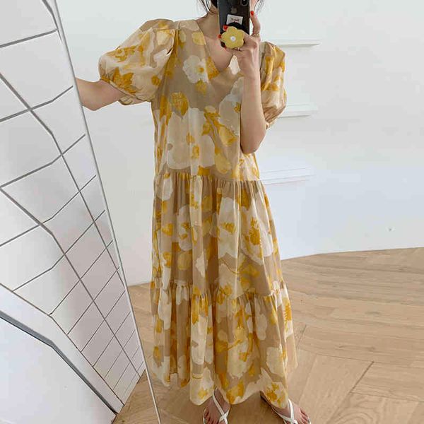 Mulheres Verão Vintage Loose Longo Robe Cintura Alta Buff Manga Elegante Flores V-Pescoço Dobra Amarelo Maxi Vestido ZA4530 210510