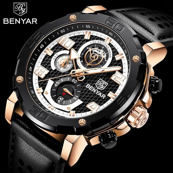 

wristwatches benyar mens watches men quartz chronograph sport military leather waterproof relogio masculino, Slivery;brown