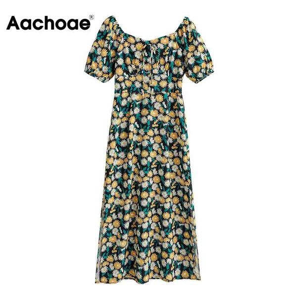 

summer floral print elegant side split midi lantern short sleeve lady party beach dress vestito da donna 210413, Black;gray