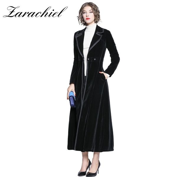 Frauen Schwarz Samt Mantel Herbst Winter Maxi Trenchcoats Single-Button Oberbekleidung Kerb Langarm Windjacken 210416