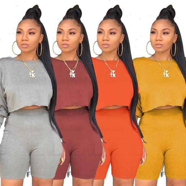 

2pcs active set short solid women tracksuits color outfits long sleeve round neck t shirt side pocket biker shorts casual, Gray